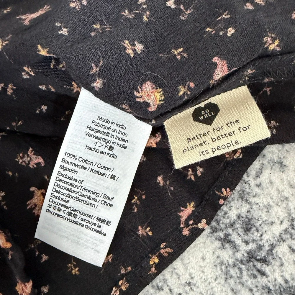 Madewell Smocked Floral Puff Sleeve Blouse 12 Black‎ Womens NWT Boho Square Neck